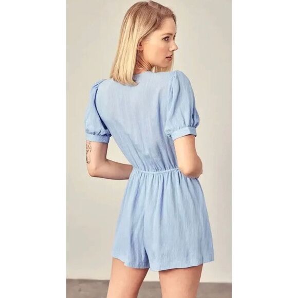 Mustard Seed Light Blue Front Tie Linen Romper size small nwot - Picture 2 of 2